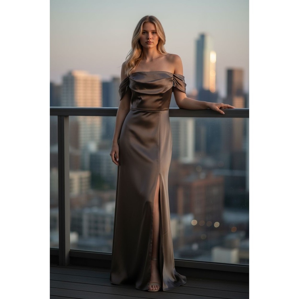 Birdy Grey Mia Shiny Satin Convertible Dress - Mocha Sz Small NWT